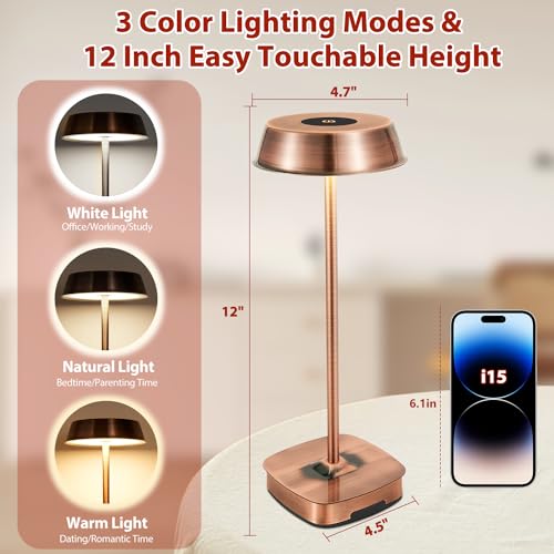 Biartw Cordless Table Lamps 5000Mah Rechargeable Led Desk Lamp 3 Colors Stepless Dimming For Bedroom/Dinning Room/Restaurant/Bars/Coffee Shops/Outdoor Table Light, Dark Copper thumb #5