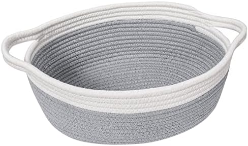 Goodpick Small Woven Basket Cute Gray Rope Basket Cotton Basket Baby Room Storage Basket Dog Toy Basket with Handles Empty Gift Basket for Shelf 12"x 8" x 5" Easter Basket Oval Candy Color Design
