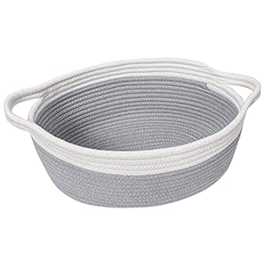 Goodpick Small Woven Basket Cute Gray Rope Basket Cotton Basket Baby Room Storage Basket Dog Toy Basket with Handles Empty Gift Basket for Shelf 12″x 8″ x 5″ Easter Basket Oval Candy Color Design