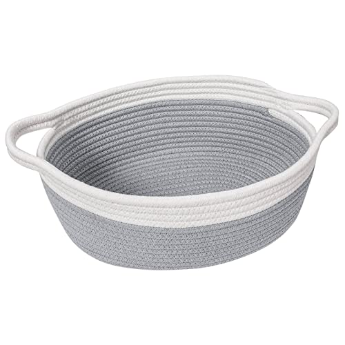 Goodpick Small Woven Basket Cute Gray Rope Basket Cotton Basket Baby Room Storage Basket Dog Toy Basket with Handles Empty Gift Basket for Shelf 12"x 8" x 5" Easter Basket Oval Candy Color Design
