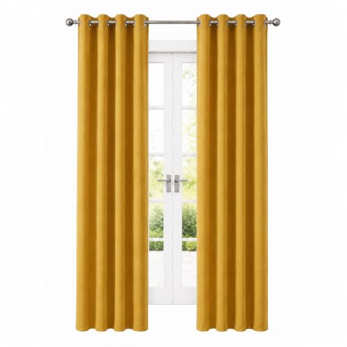 Image of 100% Blackout Window Curtains, 9 Feet, Solid Design, Faux Silk, Thermal Insulated, Noise Reducing Eyelet Door Curtain with Tie Back for Living Room & Bedroom, 115x274cm, Pack of 1 - Yellow