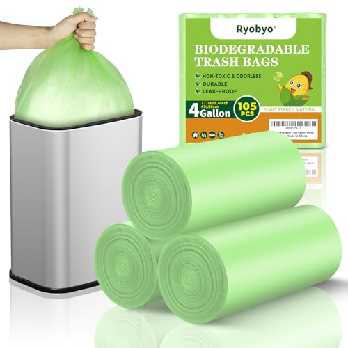 Ryobyo Biodegradable Small Trash Bags 4 Gallon, 105 Counts Unscented Bathroom Trash Bags, Easy Tearing Small Garbage Bags for Bathroom Bedroom Office, Green