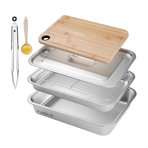 YJHOLE Grilling Prep and Serve Trays,Stainless Steel Large Capacity Food Prep Trays with Lid, Cutting Board Cooling Rack Food Tongs and Cleaning Brush,BBQ Accessories Gift