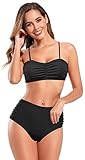 SHEKINI Damen Neckholder Bikini Set Verstellbarer Schultergurt Retro Bandeau Ruched Bikinioberteil Zweiteiliger Badeanzug High Waist Geraffte Triangel Bikinihose Bademode（XL，Schwarz）
