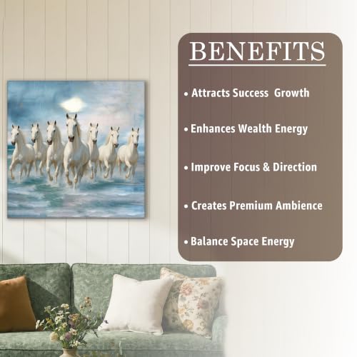 Image of PAINTINGMANTRA 7 White Running Horses Canvas Wall Art Painting For Living Room|Seven Running Horses Vastu Feng Shui Stretched Canvas Painting For Bed Room, Home & Office, 22x34 Inch