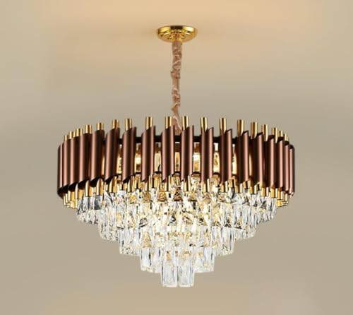 Image of Modern Ceiling Lamp 3-Tier Round Crystal Chandelier for Living Room | Modern Ceiling Light Jhumar for Hall for Home Decoration + 3 Color LED Light (Brown Gold, 600MM)