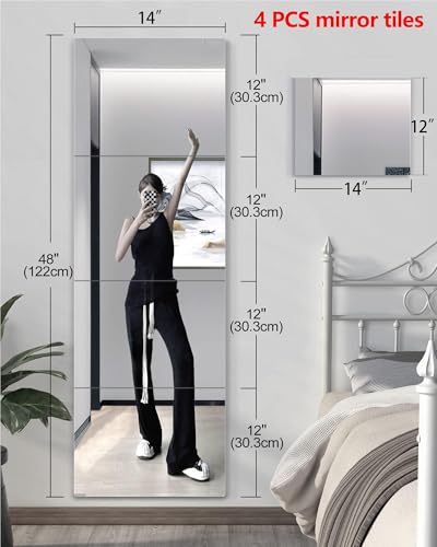 Image of Shatterproof Wall Mirror Full Length for Bedroom, Acrylic Gym Mirrors for Home, Extra Thick : 0.12 Inch, 14 x 12 Inches x 4 PCS, Workout Mirrors Safe for Kids, Over The Door, Long Wall Mounted Mirror