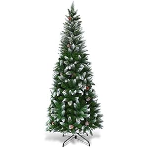 Goplus 5ft Artificial Pencil Christmas Tree Snow Flocked Unlit Slim Xmas Tree with 21 Pine Cones 421 PVC Branch Tips Metal Stand for Indoor Holiday Home Office Decor