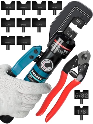 AMZCNC Hydraulic Crimping Tool Kit - with 9 US Standard Copper Cable Dies (12AWG to 2/0AWG), 2 Stainless Steel Wire Rope Dies for 1/8" and 5/32" and 5/32" Stainless Steel Cable Cutt