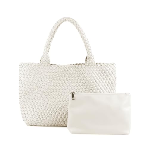 Image of Woven Tote Bag for Women Retro Handwoven Shoulder Travel Handbag Large Capacity Hobo Vegan Leather Bags with Purse