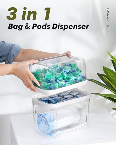 Trash Bag Dispenser Dishwasher Pod Organizer, 3 in 1 Grocery Garbage Bags Holder Storage Box Clear Laundry Room Pods Dis - Additional View