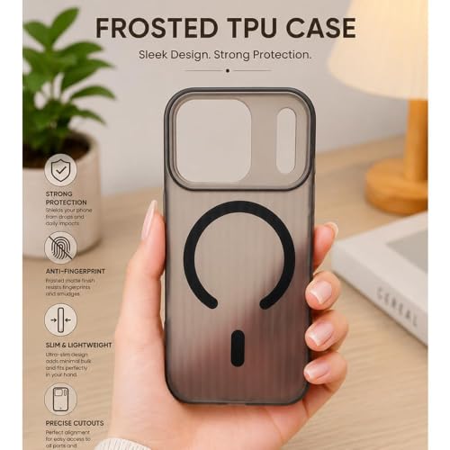 Image of keeshar MagPro Stripe case for Apple iPhone 17 Pro Black Frosted Transparent PC Hard Back Cover Camera & Body Protection|Anti Shock,Scratch Resistant Wireless Charging Compatible
