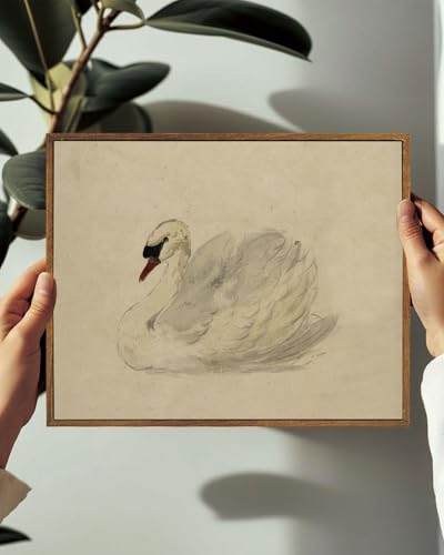 Image of KISSFOX Framed Wall Art Vintage Wall Decor Swan Pictures Retro Animal Canvas Art Rustic Aesthetic Paintings Farmhouse Artwork For Bedroom Living Room Kitchen