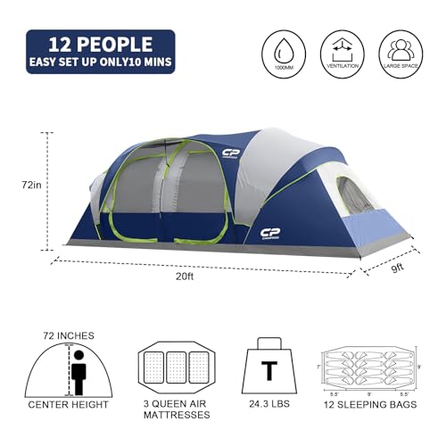 Image of CAMPROS CP Tent 12-Person-Camping-Tents,3 Room Family Tents,Waterproof Windproof Family Tent with Top Rainfly,6 Large Mesh Windows,Double Layer,Easy Set Up, Portable with Carry Bag-20' x 9' x 72 inch(H)
