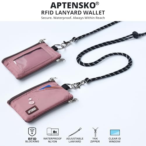 Image of RFID Blocking Travel Wallet with Adjustable Lanyard, Small Nylon Zipper Pouch and Badge Holder for ID, Credit Cards, Cash, Keys, Commuters (Warm Mauve)