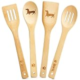 Geiserailie 4er Holz Küchenhelfer Set mit Dackelmotiv, Holz Kochlöffel und Pfannenwender, Kochutensilien Set, Lustiges Dackel Geschenk zum Einzug Weihnachten für Frauen Männer Hundeliebhaber