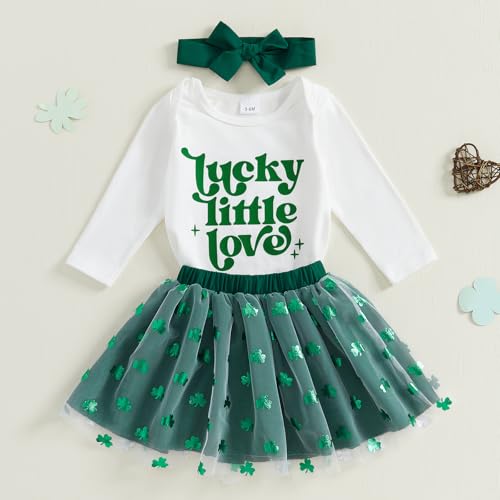 Adobabirl Baby Girl St. Patricks Day Outfit Newborn Lucky Romper Clover Layered Tulle Skirts Headband Set Irish Baby Clothes2