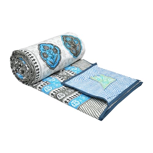 Image of BLOCKS OF INDIA 100% Cotton Dohar King Size Reversible Hand Block Printed Malmal Summer Dohar /Blanket (Blue Rose)-300 TC