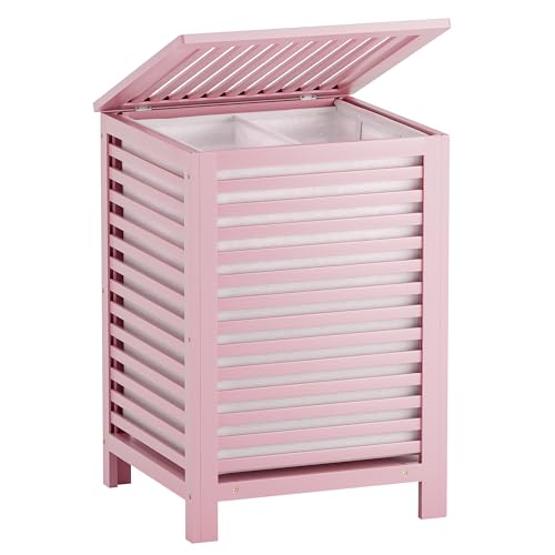 SMIBUY cesta de lavandería doble con tapa, cesta de lavandería de bambú de 120L con bolsa de revestimiento extraíble, clasificador de lavandería divisor de ropa de 2 secciones (Rosa)