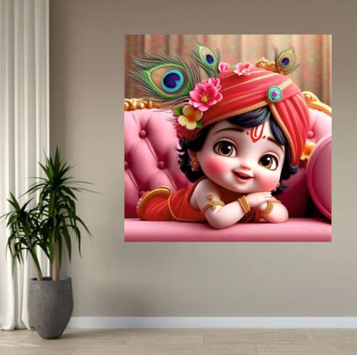 Image of Akki Wold Cute Red Krishna sleeping On Soffa With 3-Feather Wall Poster For Living Room, Office, Pooja Room (Size - 41CM X 41CM)