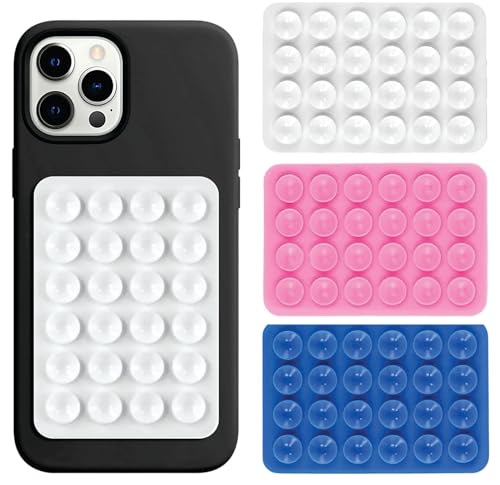Image of THYNOX Phone Holder Suction Phone Case (Pack of 3) Anti-Slip Silicone Back Cover, Multipurpose Hands-Free Sticky Pads for Phone Adhesive Mount for Selfies Videos Mirror (White, Pink, Blue)