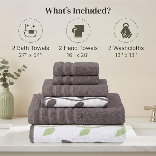 Image of Modern Threads 6 Piece Bath Towel Set - Bathroom Set with 2 Bath Towels, 2 Hand Towels, and 2 Wash Cloths - 100% Cotton, Super Absorbent & Extra Soft - Reversible Natural Vine (Gray)
