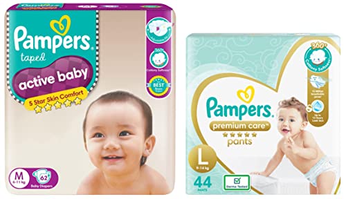 Image of Pampers Active Baby Taped Diapers, Medium size diapers, (M) 62 count, taped style custom fit & Premium Care Pants, Large size baby diapers (LG), 44 Count, Softest ever pants
