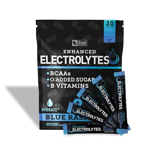 Image of Enhanced Electrolyte Powder Stick Packs (Blue Raspberry | 20 Packets) w / 0 Sugar +BCAAs +B-Vitamins Electrolyte Supplement w Potassium Zinc & Magnesium for Hydration - Keto Electrolytes