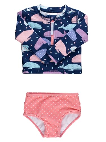 Image of RuffleButts Baby /Toddler Girls Long Sleeve Rash Guard 2 Piece Swimsuit Set w /UPF 50+ Sun Protection with Zipper