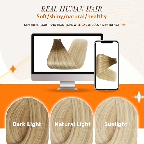 Image of Full Shine Human Hair Clip in Extensions, Light Brown Honey Blonde Balayage | Seamless Hair Extensions Clip ins, 16 Inch 120g 8 Pcs, Invisible Ultra-Thin PU Weft, Balanced Mid-Length Volume, Daily Wear