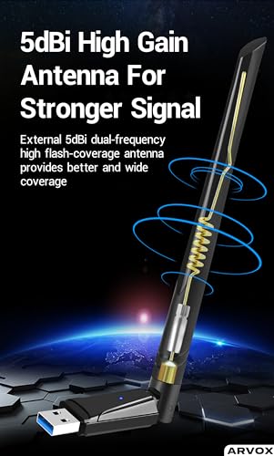 Image of ARVOX AX900 900 Mbps WiFi-6 Wireless Network USB Adapter for Desktop PC with 2.4Ghz /5Ghz High Gain Dual Band 5 Dbi Antenna Wi-Fi, Supports Windows 11 /10 /8.1 /8 /7 /Xp, Mac Os 10.15 and Earlier