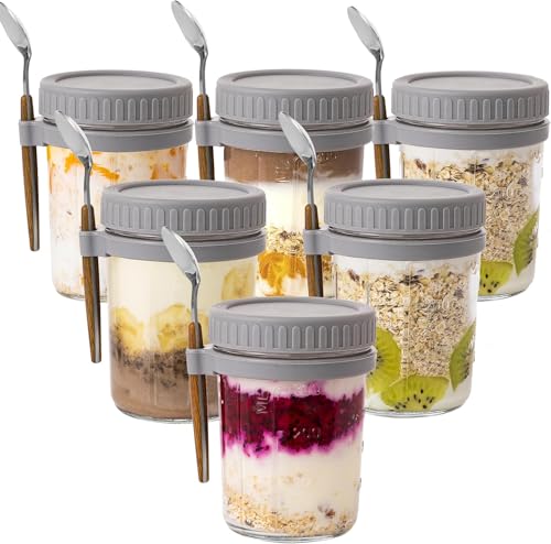 Image of PATZY 350 ml Oats Container With Lids And Spoon set of pc Glass Mason Jars For Overnight Oats Leak Proof Container with Measurment For Cereal Fruit Vegetable Milk Salad Yogurt (Multicolor) (6)