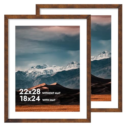iRahmen 22x28 Poster Frame with 18x24 Mat - Plexiglass Wooden Picture Frames for Photo Wall Gallery Mounting (Dark Brown Set of 2)