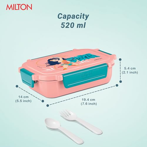 Image of MILTON Sherry Tiffin (DC) Lunch Box for Kids Boys & Girls with Leak-Proof Inner Container| Food Grade,BPA Free,Compact & Durable Snacks Box for Kids I Plastic Spoon & Fork, 520 ml, Pink