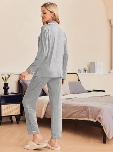 Image of Ekouaer Pajamas Women's Long Sleeve Sleepwear Soft Button Down Loungewear Pjs Lounge Set Nightwear XS-XXL