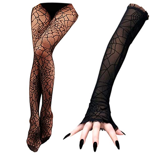 Yinxiang Jie 2 Pair Halloween Spiderweb Tights Spider Web Arm Warmer Long Gloves Fingerless Gloves Spider Wed Stockings for Men Women Halloween Costume Black