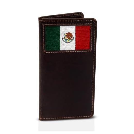 RAW HYD Carteira masculina com bandeira mexicana - 17 cm de altura, couro de flor integral, 100% bordado bandeira mexicana, presente para homens mexicanos, Carteras Vaqueras Para Hombres, Marrom, 3.5"