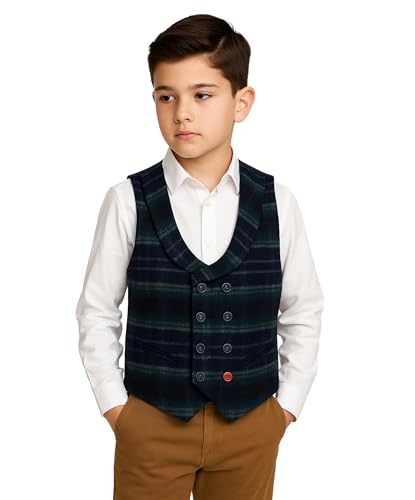 Boys’ Tweed Double Breasted Vest Adjustable Back Strap- Formal Wedding & Party Outfit Ages 3-14