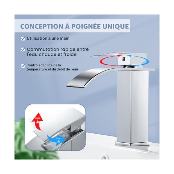 kisimixer Moderne Robinet Salle de Bain Cascade, Design Elégant Robinet Lavabo, Mitigeur Cascade, Eau Chaude et Froide Disponible, Robinetterie Chromé G 3/8, Mitigeur Lavabo sans Tirette de Vidage