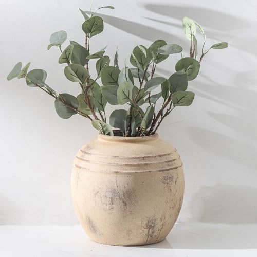 Lyeec Ceramic Flower Vase, 8.66 inch Tall Round Rustic Farmhouse Decorative Vase for Home Decor, Living Room Entryway Table Centerpiece Decor