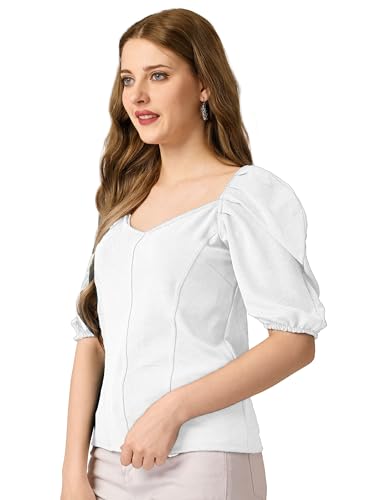 Image of Mehrang Women's Solid Ribbed Crop Tank Top Ribbed Tops for Women V-Neck 3 /4th Balloon Sleeves