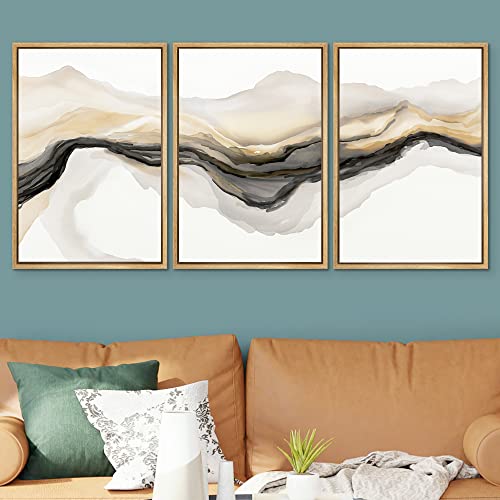 Signwin Framed Canvas Print Wall Art Set Gold Gray Smoke Wave Landscape Abstract Shapes Illustrations Modern Art Decorative Contemporary Colorful For Living Room, Bedroom, Office - 24"X36"X3 Natural #TOP1