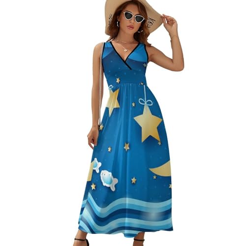 Robe longue d'été sans manches col V Poisson Lune Étoilé pour femme