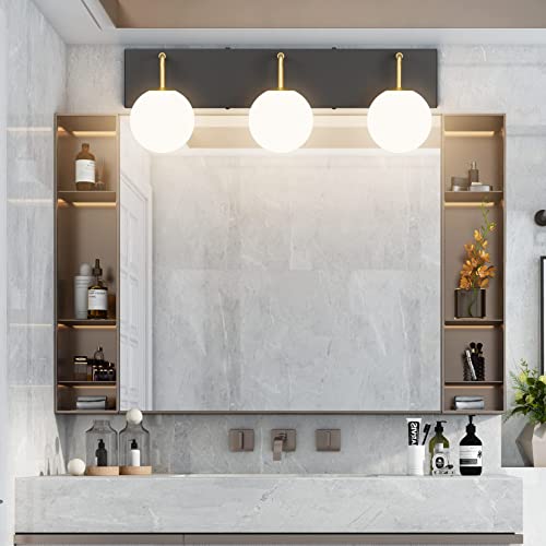 Image of Tipace 3 Lights Mid Century Vintage Bathroom Vanity Light Fixtures Over Mirror Black & Gold Industrial Vanity Lights with Milk White Glass Globe Farmhouse Bath Lighting(Exclude Bulb)