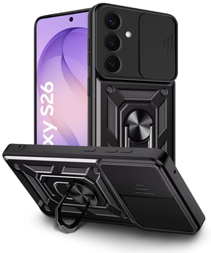Image of WOW IMAGINE Tough Armor Bumper Mobile Back Case for Samsung Galaxy S26 5G | Sliding Camera Cover | Shock Proof 360 Protection | Hybrid PC + TPU | Ring Holder with Kickstand - Black