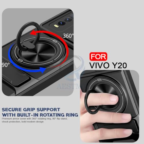 Image of AESTMO Vivo Y12s / Y20 / Y20i Back Cover | Armor Camera Slider 360 Degree Rotating Finger Ring Holder Case with Bracket Stand Back Case Cover (Compatible with MagSafe Accessories) (Black)