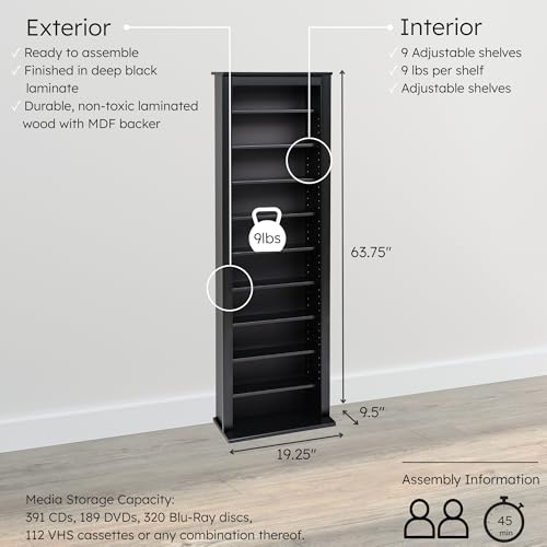 Image of Prepac Narrow Cabinet Media Storage, Slim Barrister Tower, Black