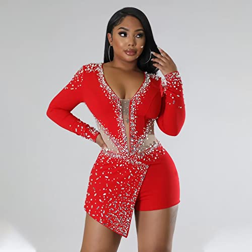 Women's Sexy Mesh Sheer Rhinestone V Neck Bodycon Jumpsuits Clubwear Long Sleeve Short Rompers Dress Nightout Red M #TOP4