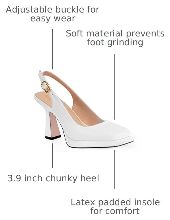Image of ANN CREEK Women's Slingback Square Toe Pumps - White Closed Toe Mary Jane Heels - Fashion Dressy Platform Heels - Size 9