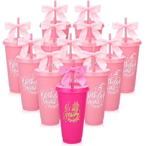 Ovveroche 12 Pcs Birthday Party Plastic Cups with Lids and Straws and Bows 24 oz Reusable Cups Travel Mug Bulk for Birthday Decorations Party Favor Pink